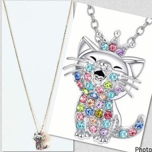 NWT Adorable Silver Kitty Cat w/Crown Long Chain Necklace w/Colorful Rhinestones